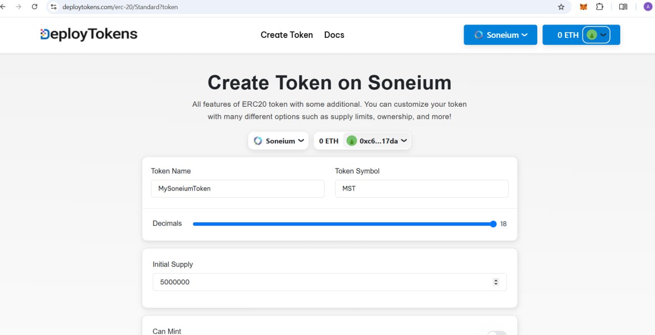 create token on soneium and fill the data 